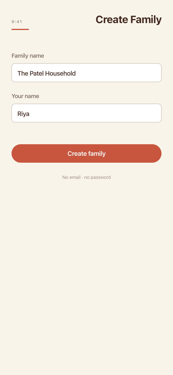 FamilyCart Create Your Family screen with fields for your name and your family name, and a Create Family button
