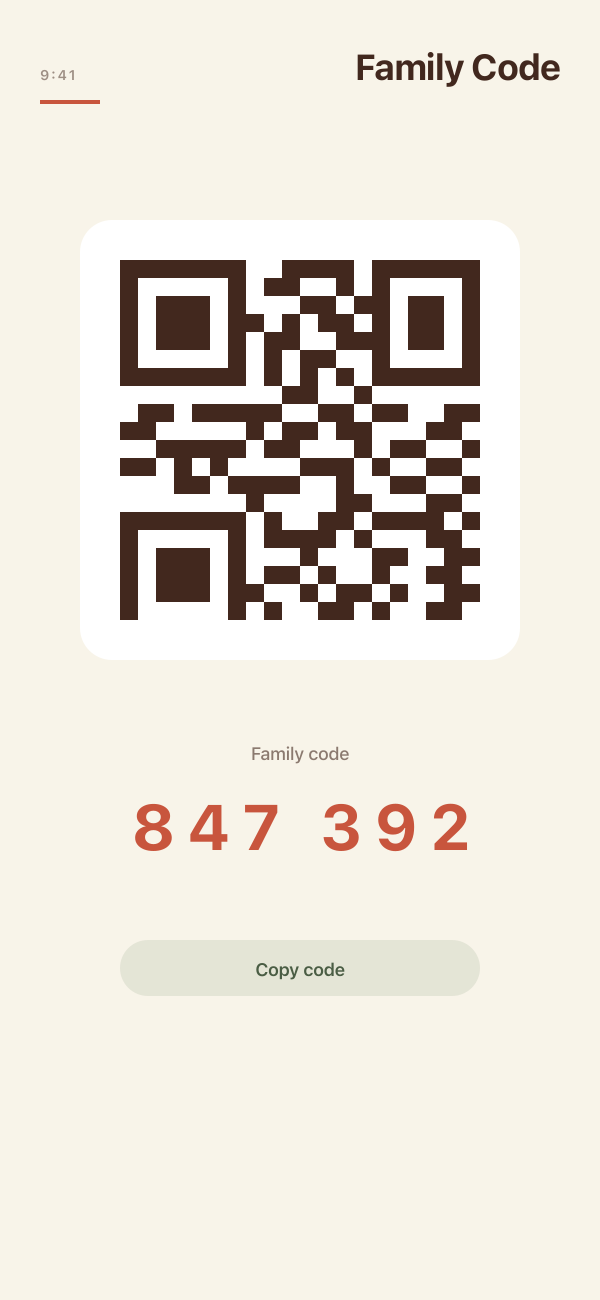 FamilyCart family invite screen showing the 6-digit family code and a Show QR Code button