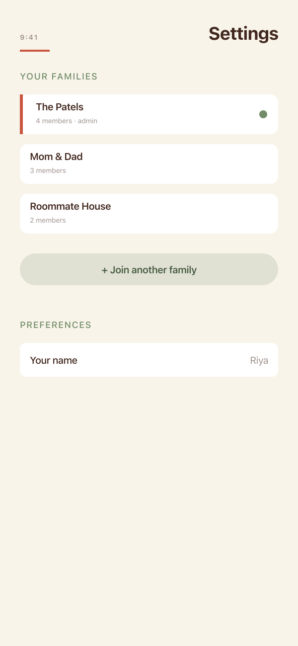 FamilyCart Settings screen with a family management section and options to switch or join another family
