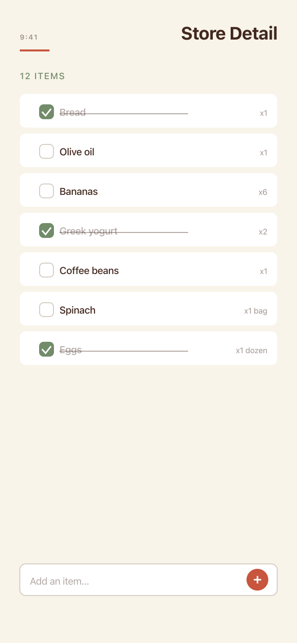 FamilyCart store detail screen showing a list of grocery items and the Add Item input fixed at the bottom