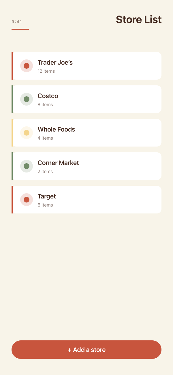 FamilyCart store list — multiple stores with item counts.